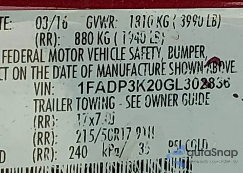 2016 Ford Focus Se z USA, uszkodzony, nr VIN 1FADP3K20GL302836